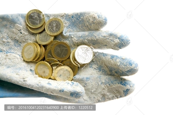 骯臟的手套上的歐元貨幣硬幣