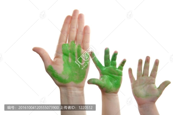 綠色油漆母親；兒子；女兒手