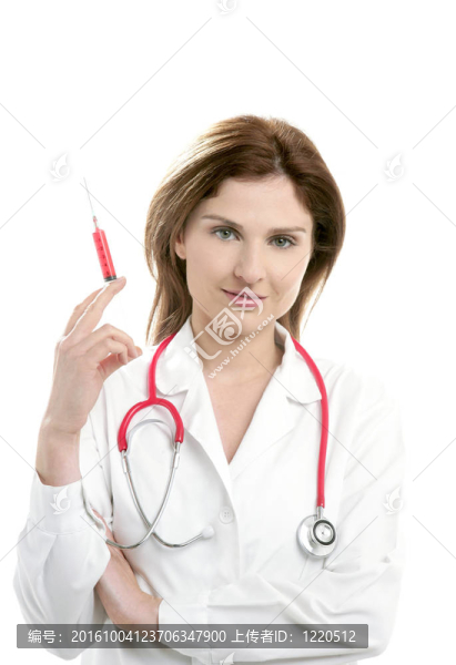 醫(yī)生婦女和注射器孤立的白色