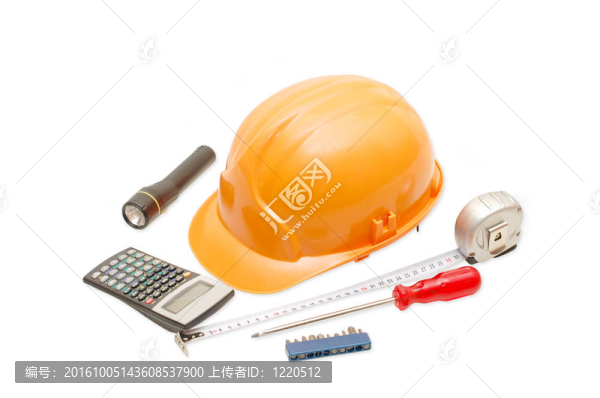 橙色頭盔和白色背景上的隔離工具