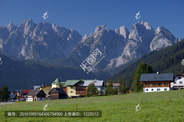 阿爾卑斯山美麗的晴天，綠色的草地；背景中的村莊和山脊