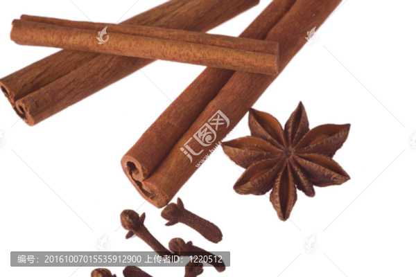 桂皮；八角和丁香孤立在白色背景