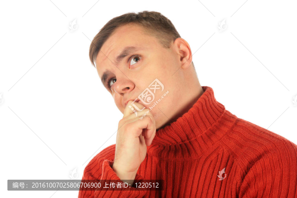憂郁的思考的年輕人，紅色的毛衣