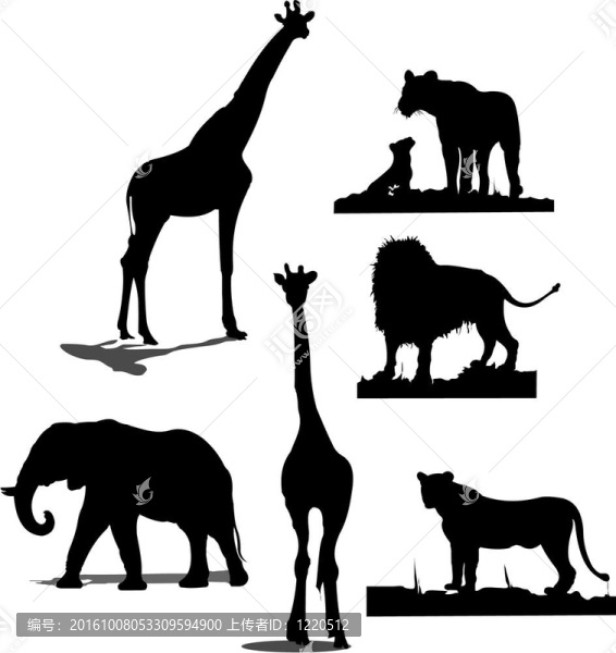 非洲動物剪影。黑色和白色
