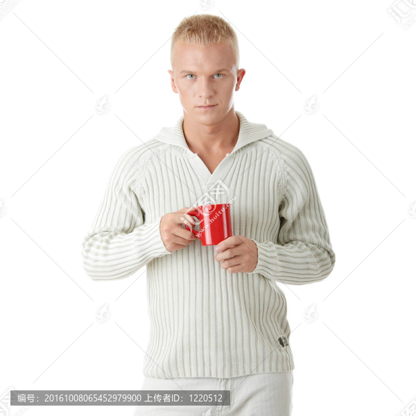 男人喝咖啡或T恤孤立在白色背景