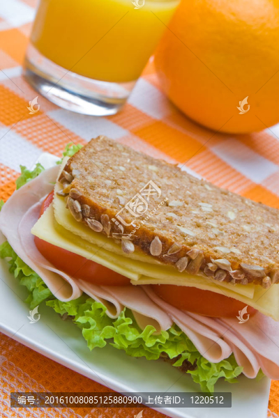 新鮮的全麥奶酪和火腿三明治