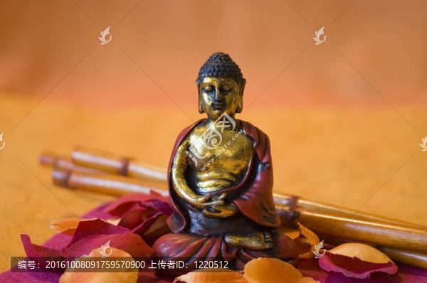 Little,buddha雕像坐在彩色花瓣中間