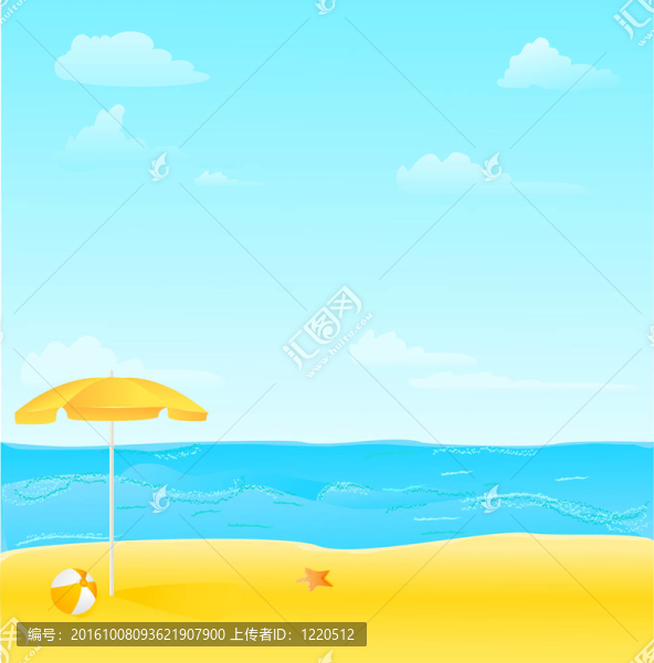 海灘帶傘；球和海星插圖
