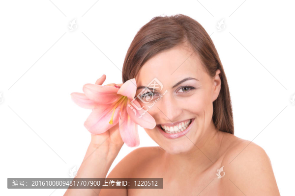 美麗的女人與花孤立的白色