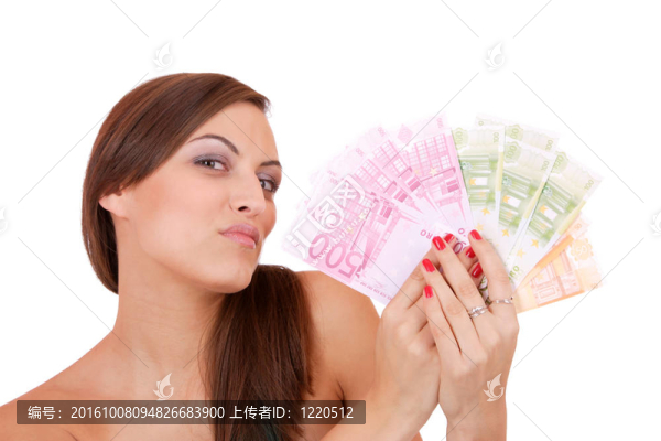 一群歐元鈔票的快樂女人。