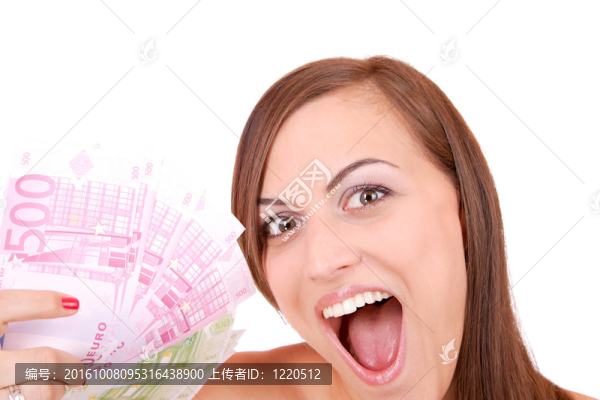 一群歐元鈔票的快樂女人。