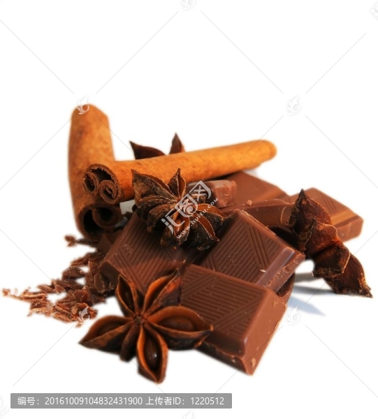 與connamon和八角孤立在白色背景的巧克力