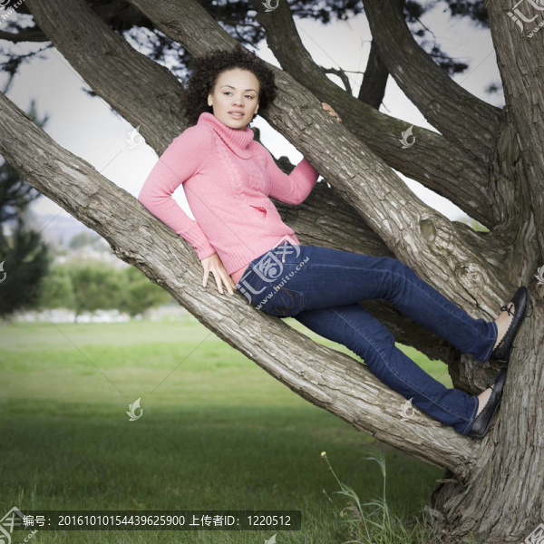 坐在樹上的年輕女人