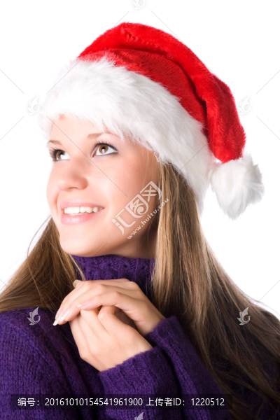 年輕的微笑女人在圣誕老人肖像