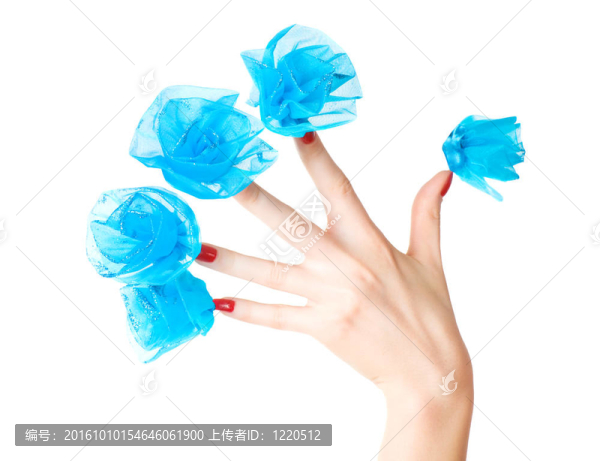 女人手上有藍色的花釘在釘子上
