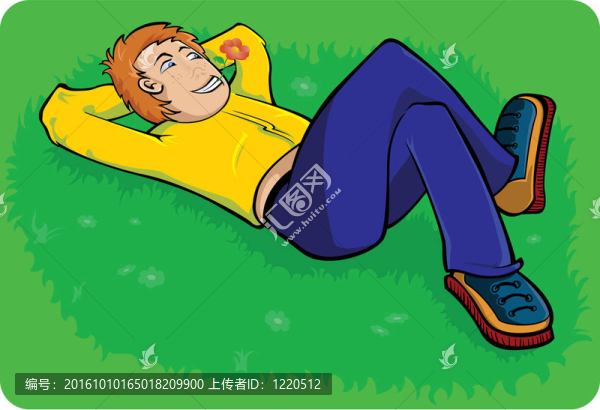 男孩躺在夏天的草地上