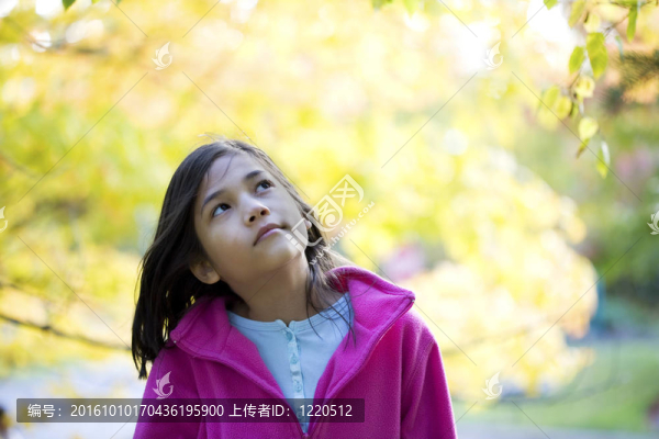 年輕女孩抬頭看著秋天的樹葉