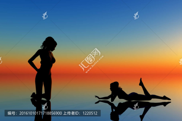 兩個(gè)女人在藍(lán)色和橙色背景下的剪影