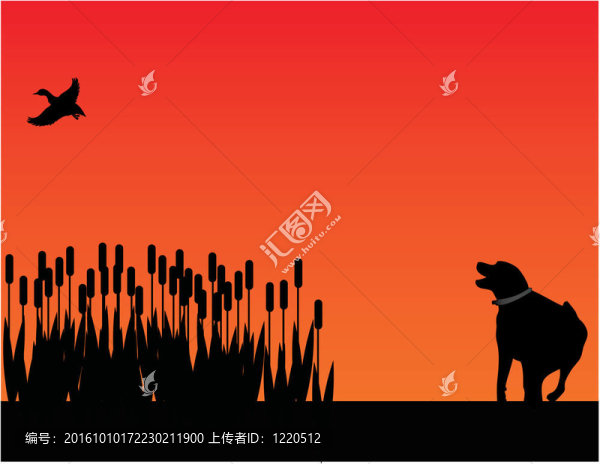 日落剪影的鳥(niǎo)狗狩獵