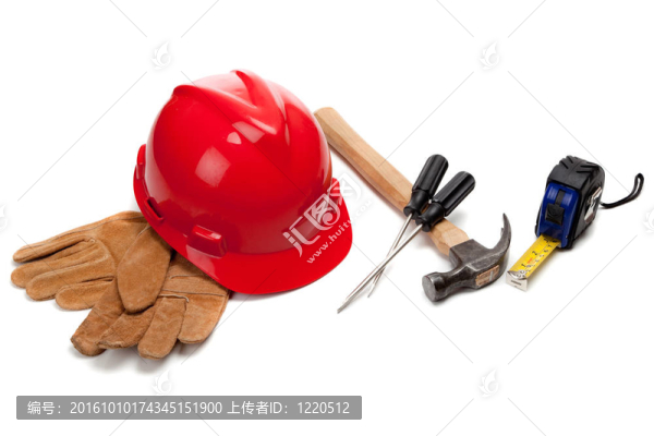 紅色的硬帽子和皮革工作手套，白色的工具