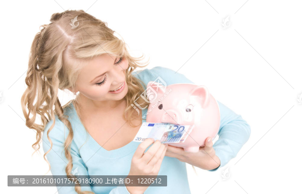 可愛(ài)的女人與儲(chǔ)蓄罐和錢(qián)