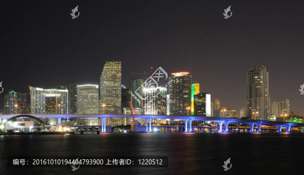 夜晚的邁阿密市中心天際線。佛羅里達(dá)州；美國(guó)