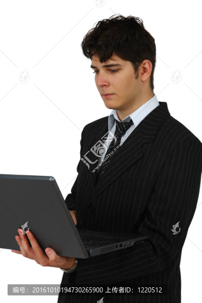 成功的生意人與筆記本電腦的白色隔離BACKGROUNDSuccessful生意人與電腦孤立在白色背景