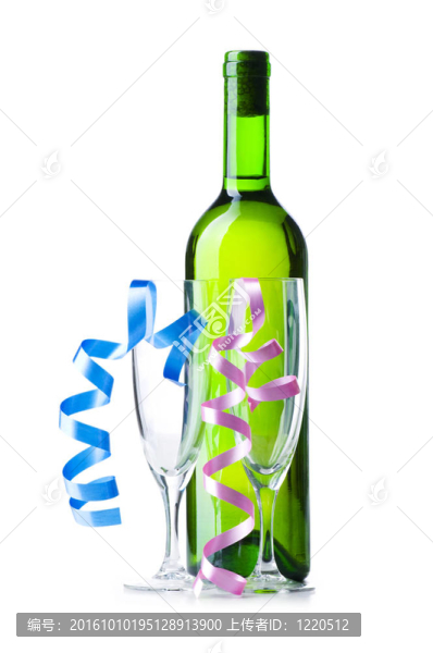 白葡萄酒的酒瓶和飄帶