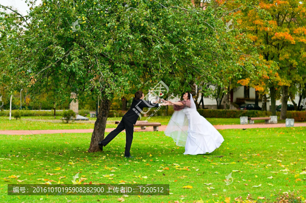在秋天的公園對(duì)新婚夫婦
