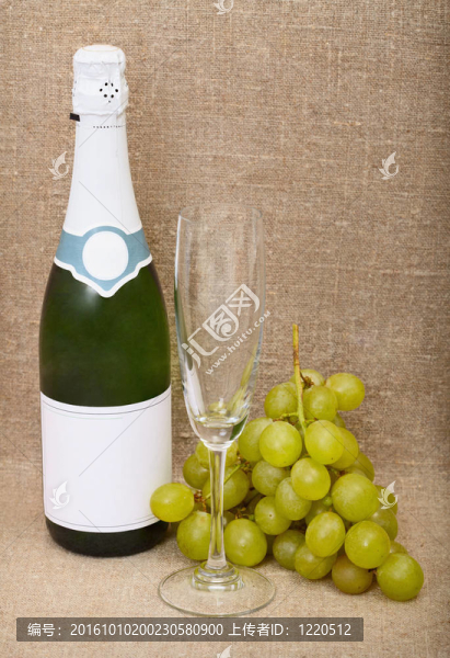 靜物從一瓶汽酒；空玻璃和葡萄對(duì)畫布