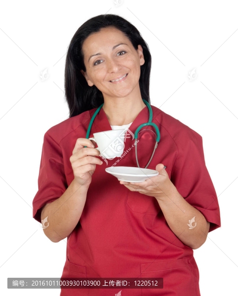 快樂的醫(yī)生女人喝一杯咖啡