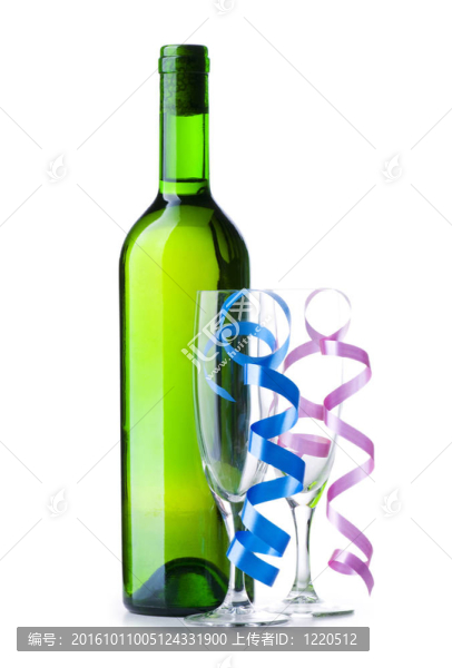 白葡萄酒的酒瓶和飄帶