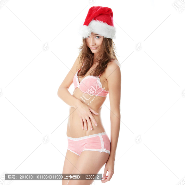 白人婦女在粉紅色內(nèi)衣和圣誕老人帽