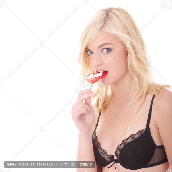黑色內(nèi)衣與紅色的棒棒糖的女人