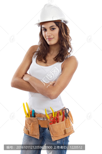 漂亮的女孩頭盔和皮帶的工具