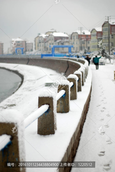 白雪覆蓋的海邊護欄