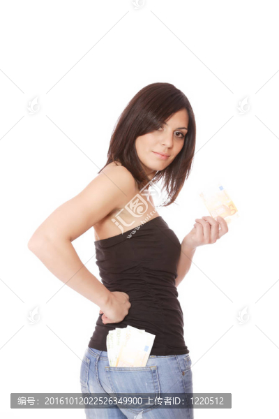 一群歐元鈔票的快樂女人。