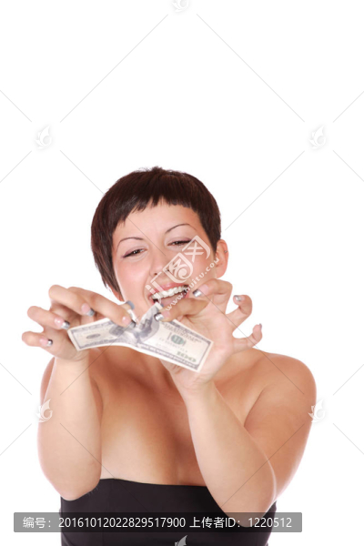 漂亮女人拿了很多100美元的鈔票