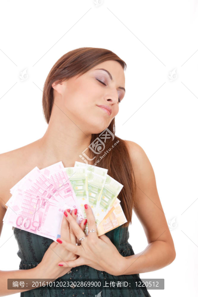 一群歐元鈔票的快樂女人。