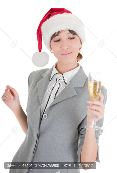 商業(yè)女郎在Santa帽子和香檳