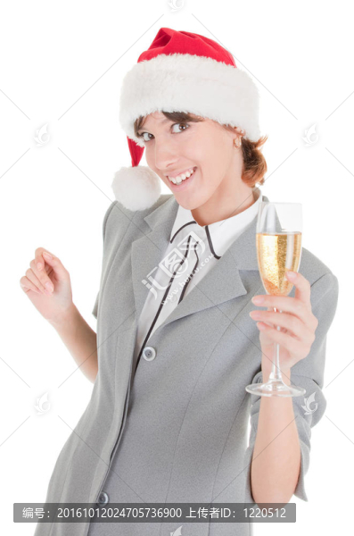 商業(yè)女郎在Santa帽子和香檳