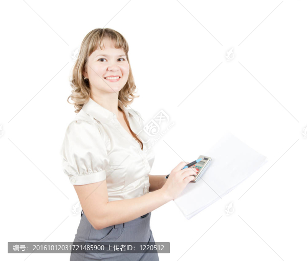 女經(jīng)理在筆記本上寫(xiě)東西；與白色背景隔離。