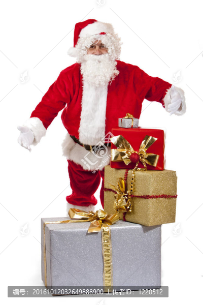 圣誕老人贈(zèng)送一疊圣誕禮物盒。白色孤立。