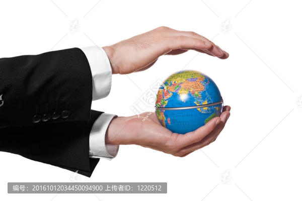 商人在白色上孤立迷你地球