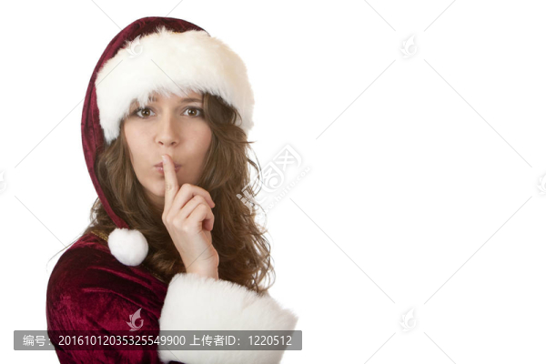 圣誕老人婦女與圣誕毛皮舉行手指嘴