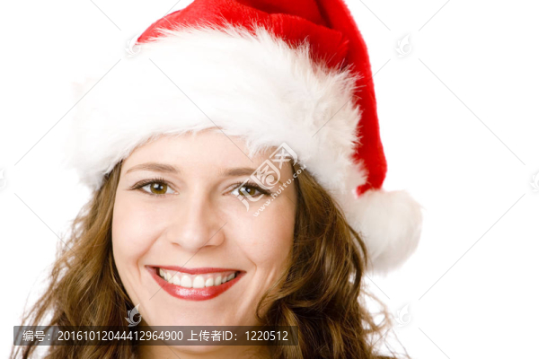 漂亮女人的畫像；微笑的圣誕老人女士。白色孤立。