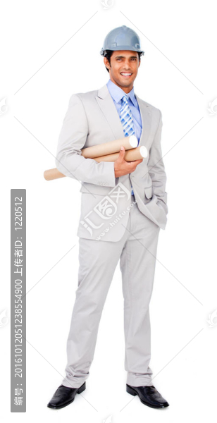 戴著安全帽，拿著圖紙的建筑師