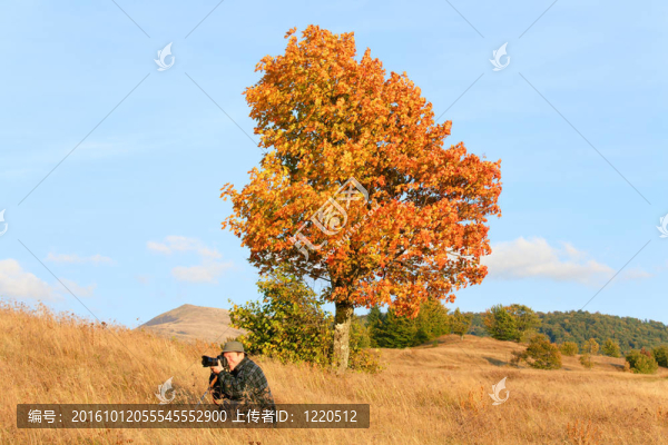在傍晚的秋天喀爾巴阡山的攝影師。