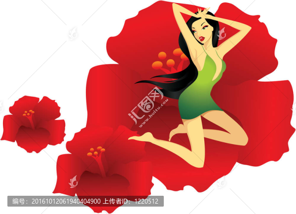 一個穿著綠色衣服的漂亮女孩坐在一朵大紅花上