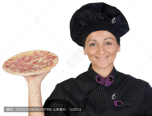 漂亮的烹飪女人火腿比薩
